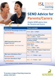 Poster with contact details for SEND advice lines